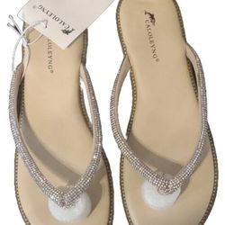 Caloleyng Flat Flops Sandals 6.5 Slide On Thong Nude Shiny Sparkly 