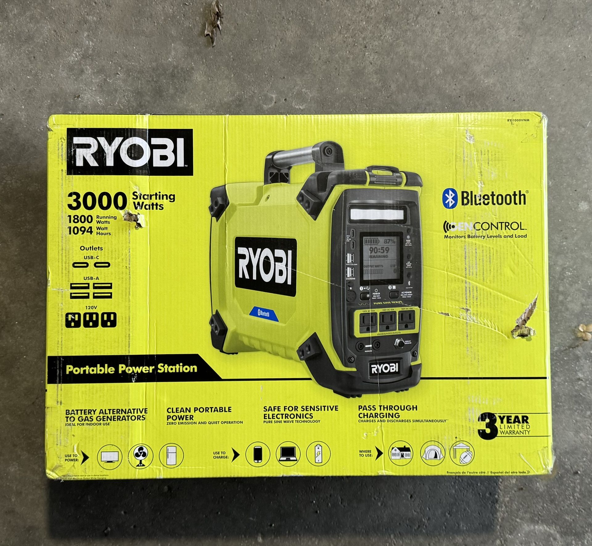 RYOBI 1800-Watt Continuous / 3000-Watt Peak Output Lithium-Ion Push-Button Start Portable Battery Generator Power Station