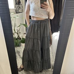 Lakhays Gray Tiered A-Line Maxi Skirt Women Drawstring Elastic Waist Pockets M/L