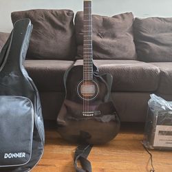 Donner Black Electric Acoustic Guitar + Donner Amp