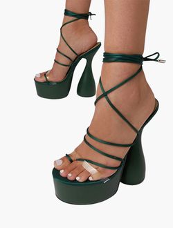 Strap Lace Up Peep Toe Platform Statement Heel In Green Satin Size 7