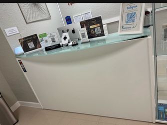 White reception desk with frosted glass transaction counter Dimensions: 72” W × 30” D × 42” H