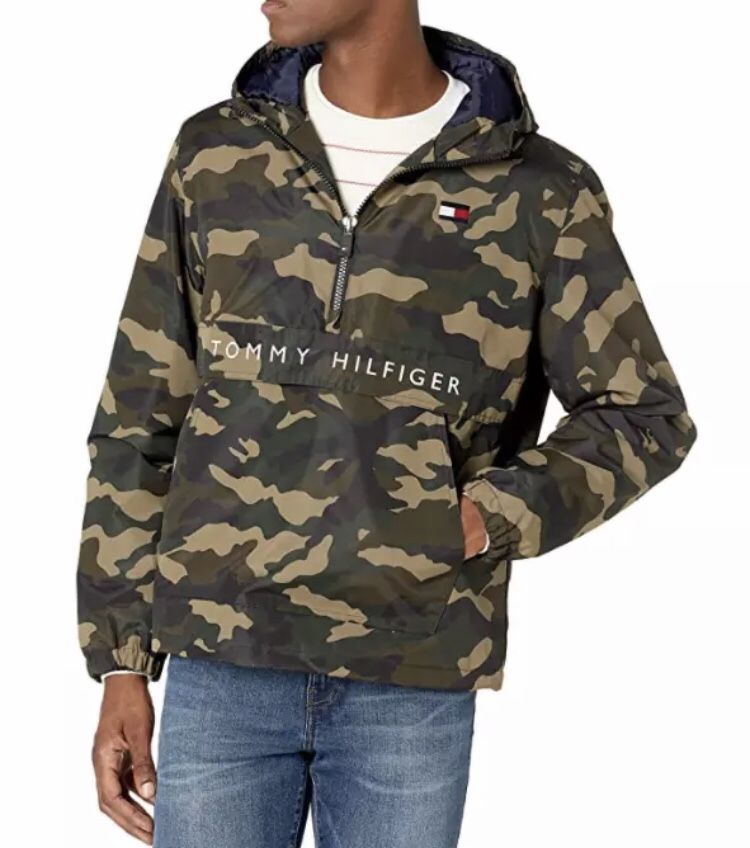 Tommy Hilfiger Men's Performance Fleece Lined Hooded Popover Jacket Camo NWT