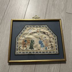 Antique Framed Wooden Backing Chinese Embroidery Silk Panels Tapestry Handmade