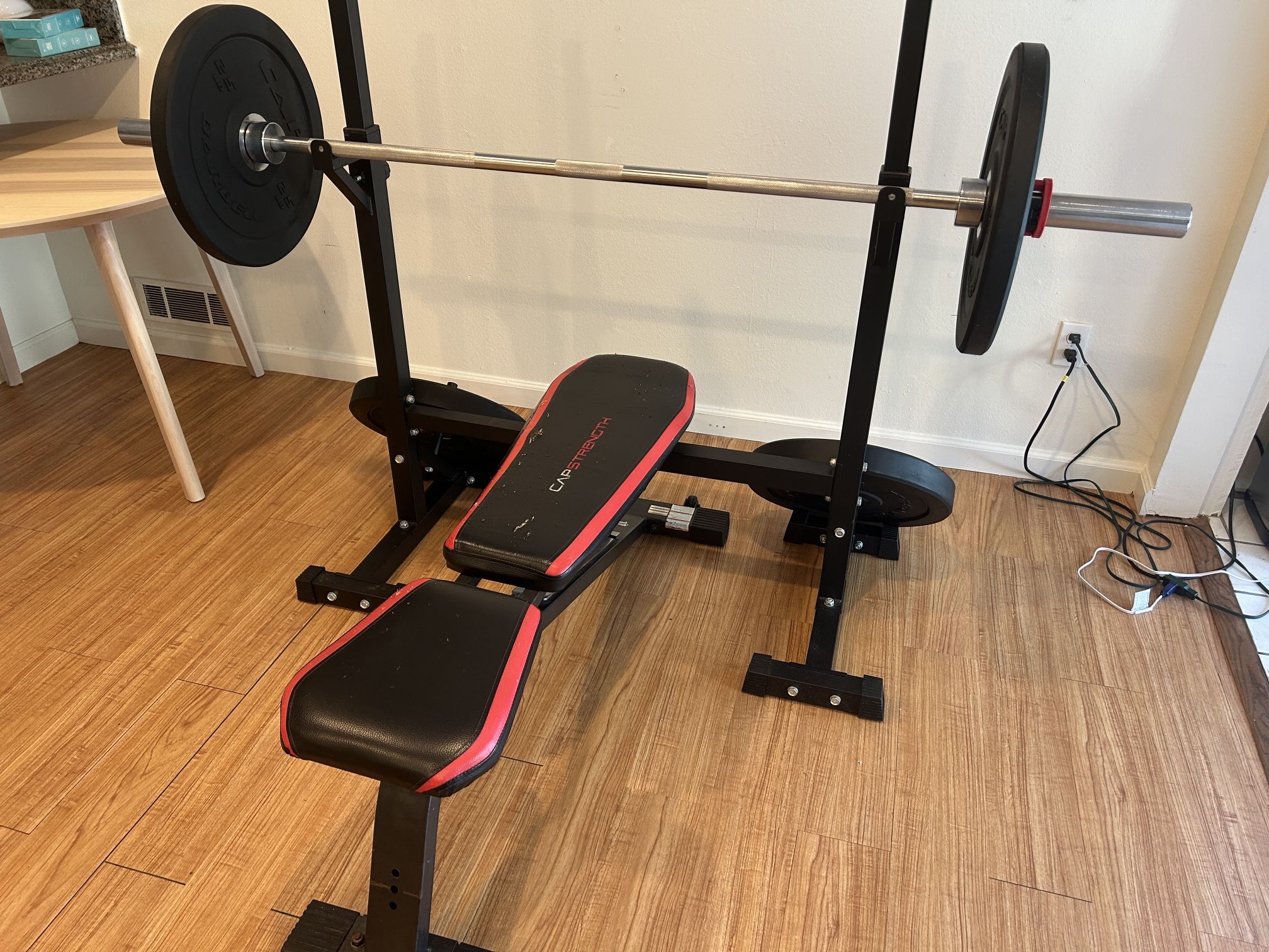 Home Gym Set Up Weights, Plates, Bar And Rack