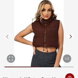 Women's Winter Crop Vest Puffer, Size M,  Zip Up, Gilet Medium Brown, NWT