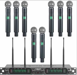 Phenyx Pro 8-Ch UHF Fixed Frequency Wireless Microphone System PTU-4000-8H 8 Metal Handheld Mics, Dynamic Capsules, 260 ft Range, Karaoke, Church Serv