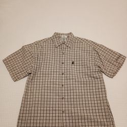Disney Walt Disney World Vintage Short Sleeve Button Shirt Beige/Olive Plaid Large 