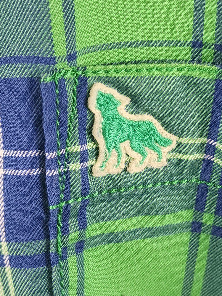 SW Casual Mens Size Medium Slim Fit, Hunter Green & Blue Plaid Wolf Logo Shirt. Great color combination and design  gorgeous viibrant hunter forest gr