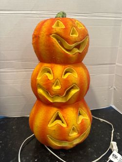 Lighted 3 Tier Pumpkins Stacked Jack-O-Lanterns Plastic FELT Covered Halloween