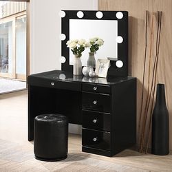 Brand New Glossy Black Vanity With Led Mirror And Matching Stool