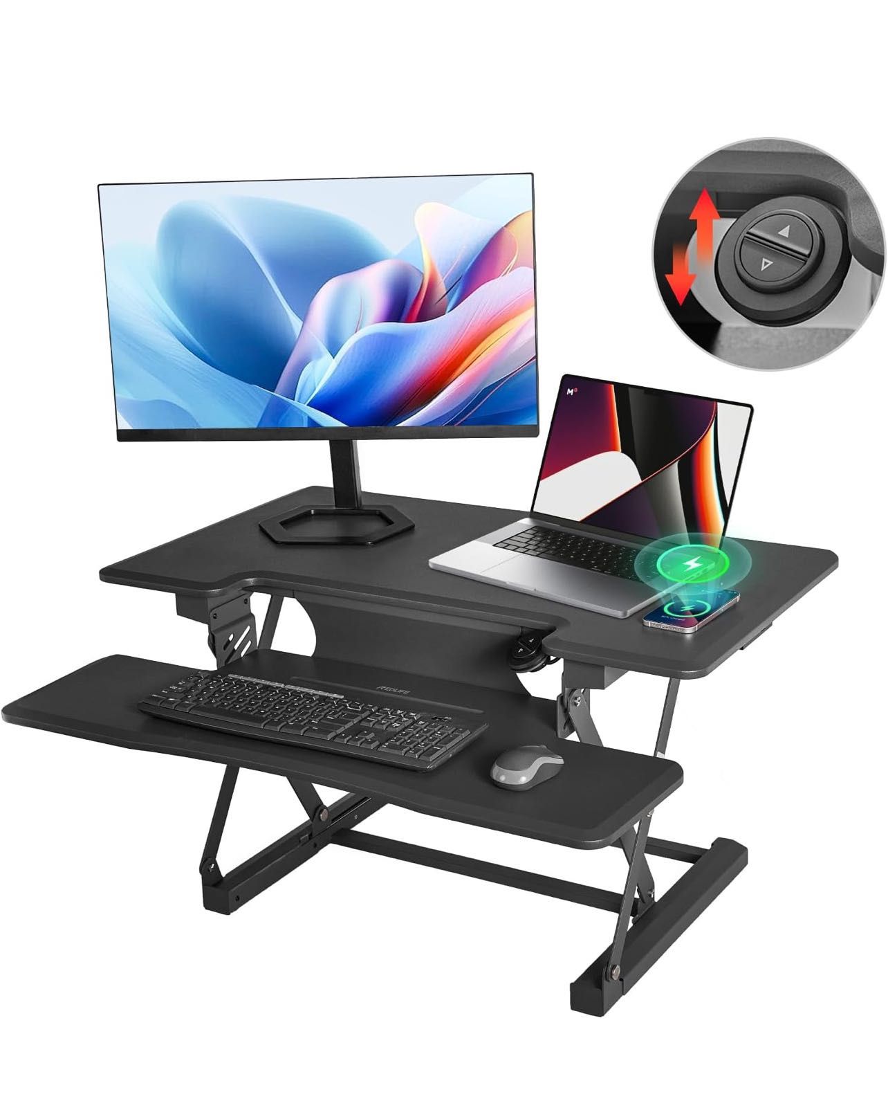 Redlife Electric Standing Desk Converter, Sit Stand Desk Converter for Home Office, Desk Riser with Keyboard Tray - Standing Desk Converter w/ Wireles