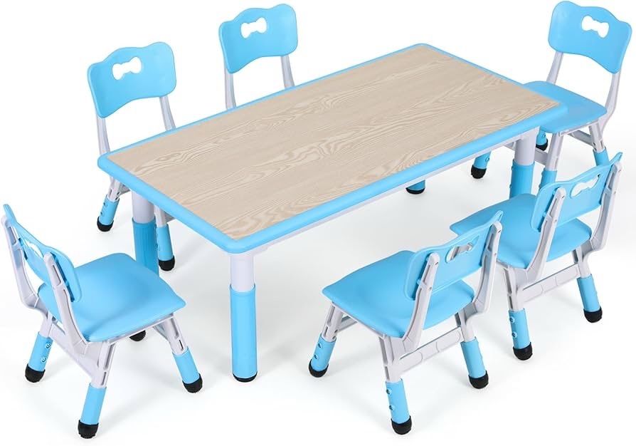 Kids Table and 6 Chairs Set, Height Adjustable Graffiti Table, Preschool Activity Art Craft Table, for Daycare Classroom Home Boys and Girls Age 3-12