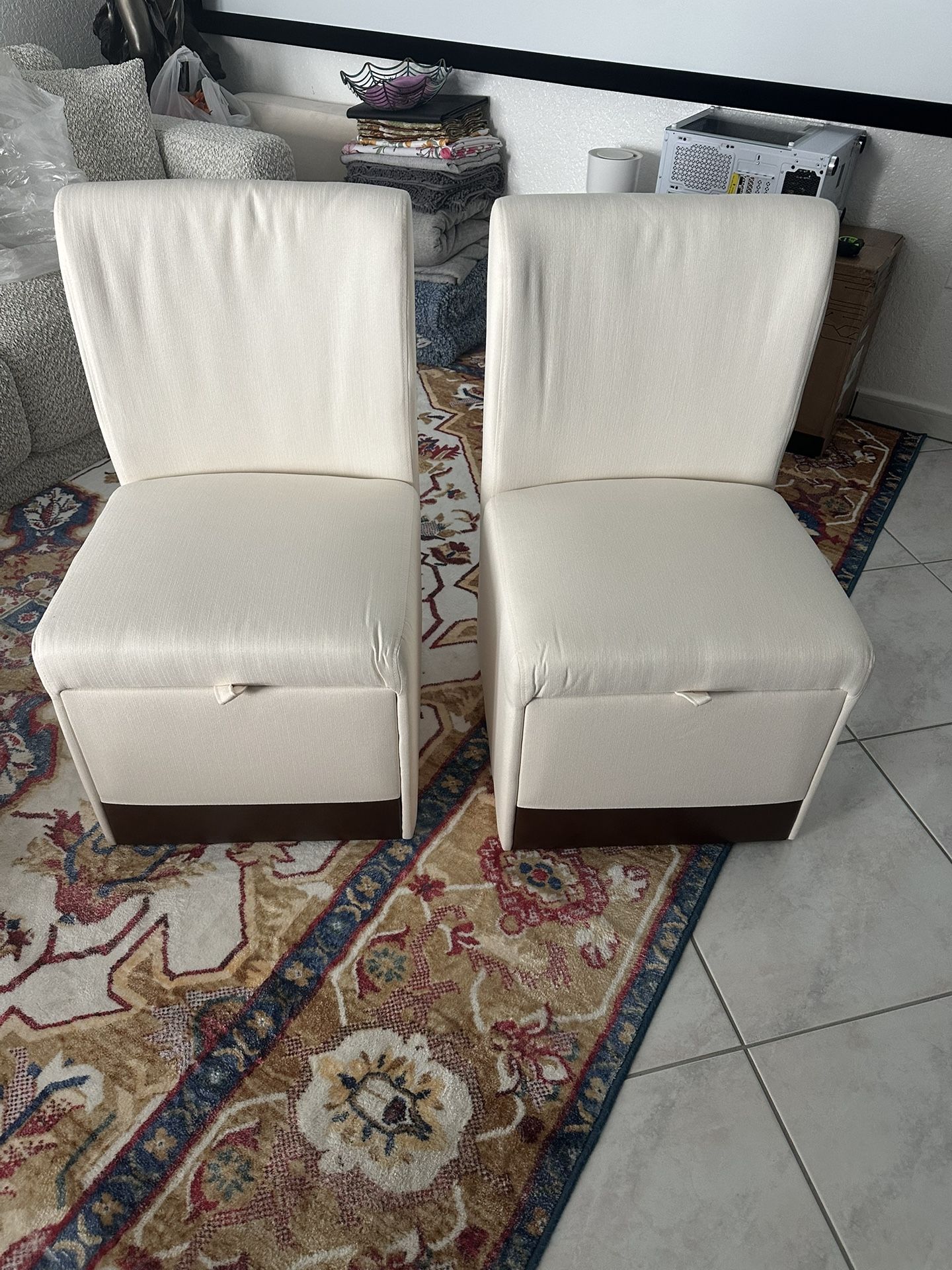 NEW ARMLESS DINING CHAIRS WITH STORAGE ON WHEELS (12 Chairs available)