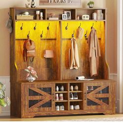 Hall Tree with Bench and Shoe Storage, 5-in-1 Entryway Bench with Coat Rack, (Rustic Brown) D-10