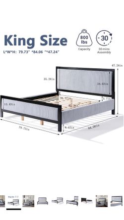 King size Upholstered Platform Bed Frame with Light Grey Fluffy Headboard and Footboard, Wooden Slats Support