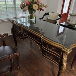 Oriental Writing Table/Desk W/Claw Feet And Glass Top