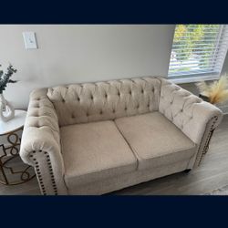 Beige Tufted Chesterfield Sofa And Loveseat Set