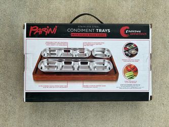 Parini Stainless Steel Condiment Trays with Acacia Wood Caddy