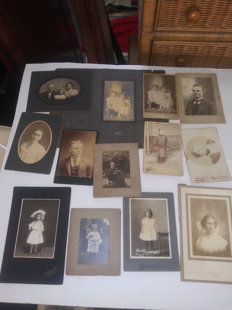 Antique cabinet card photo lot. 13 cabinet cards and one hand-colored