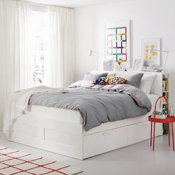 IKEA BRIMNES Queen Bed Frame w/ Storage + Mattress (White, LURÖY)
