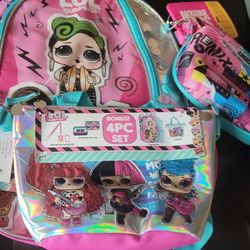 Lol Surprise  BACKPACK  4 Piece  Lanyard With ID HolderLunch Kit,3DMolded ZIP  CASE,BACK PACK,