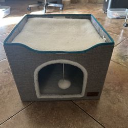 Cat Cave/Bed With Scratch Pad & Fluffy Hanging Ball 16.5x16.5x13