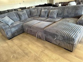 Large Gray Corduroy Sectional pull out soSofa sleeper storage chaise  with Ottoman