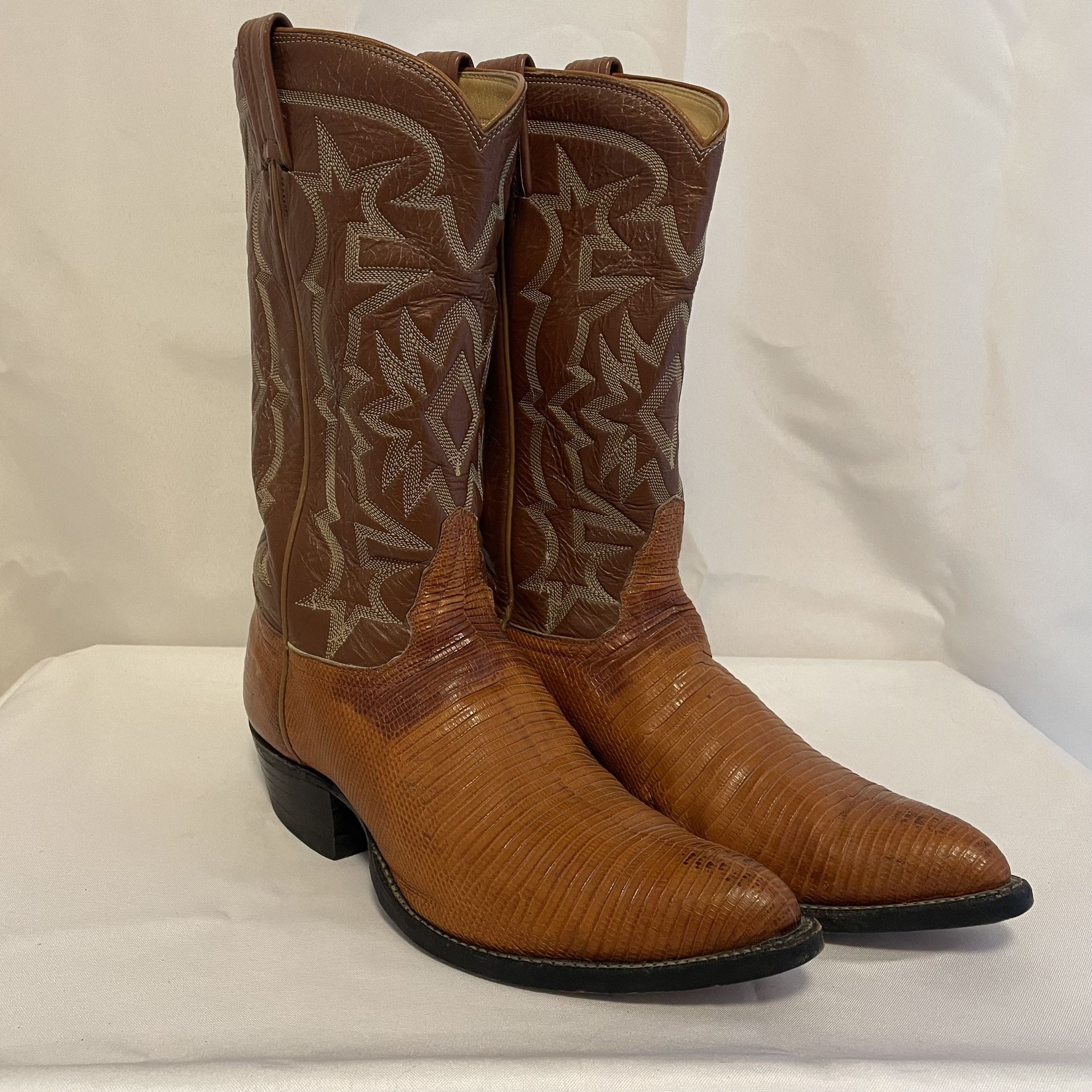 Vintage Tony Lama Lizard Skin Cowboy Boots Brown Leather Western Stitched 9.5