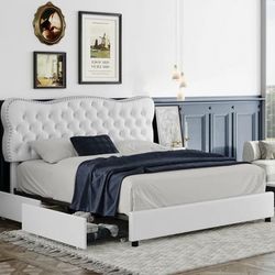 White King Bed Frame with Drawer, PU Leather Upholstered Storage Platform Bed Frame with Button Tufted Headboard