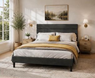 Brand New Queen Upholstered Platform Bed Frame – No Box Spring Needed – Gray