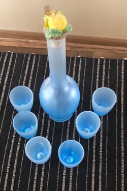 Vintage MOD DEP blue glass bottle with 6 shot glasses