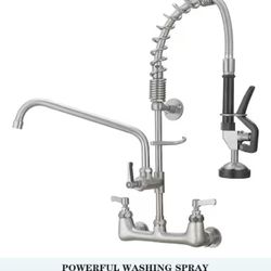 BWE Commercial Restaurant Pull Down 2-Handle Wall Mount Pre-Rinse Spray Utility Kitchen Faucet in Brushed Nickel