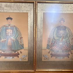 RARE Pair Of Authentic  Antique Chinese Portraits (watercolor On Silk) Of Emperor And Empress In Gold Bamboo Frame