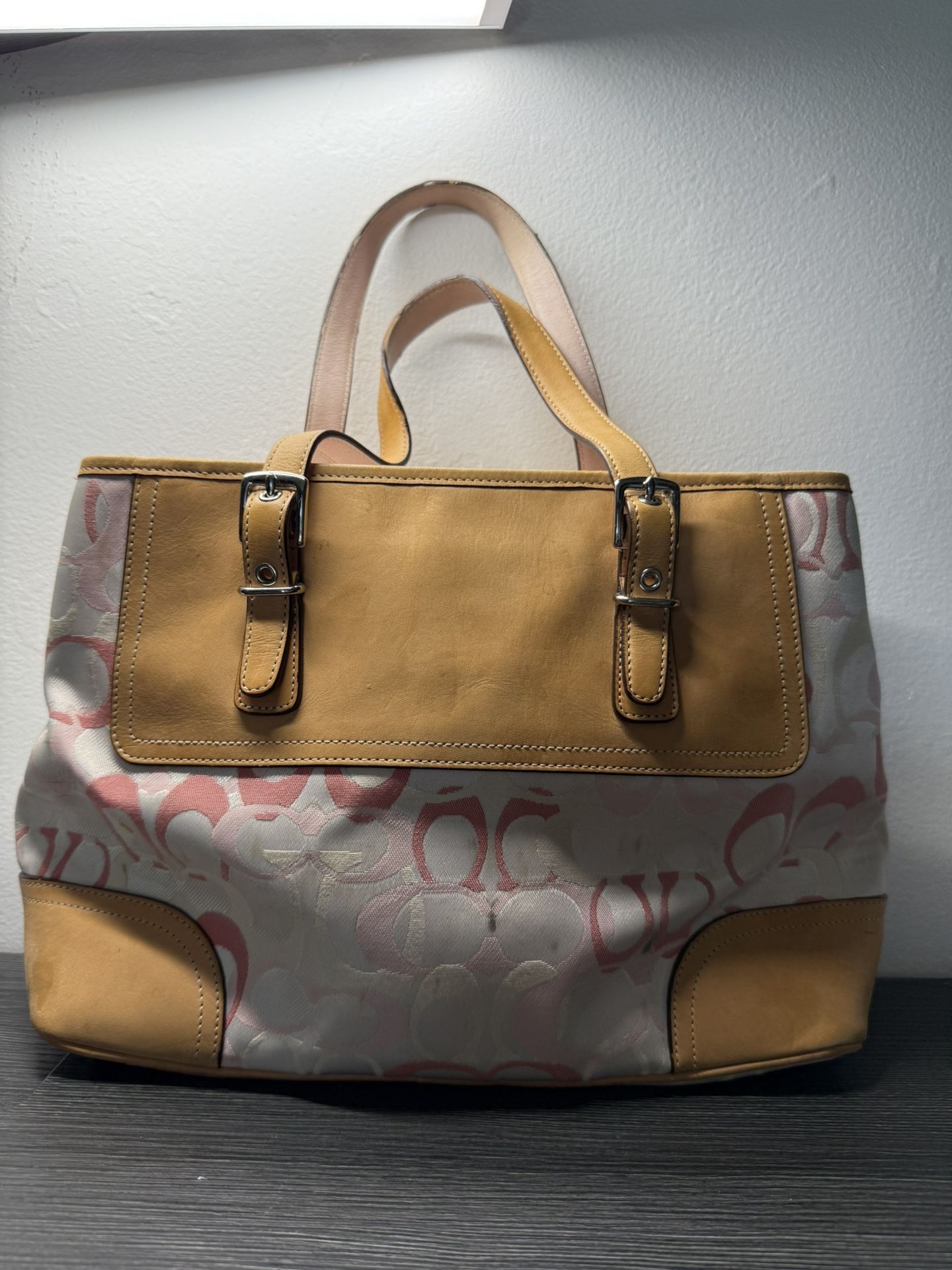 COACH Signature Hand Bag Tote Bag Canvas x Leather Pastel Colors USED