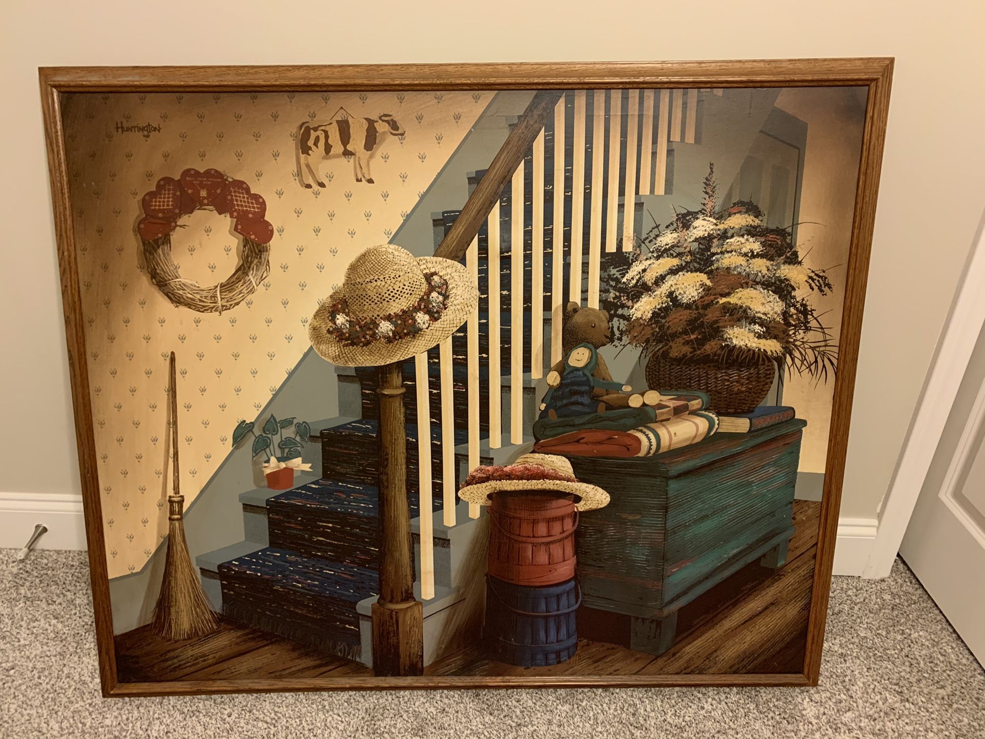 Large Folk Art Stairs Oil Painting on Canvas By Huntington (Signed)