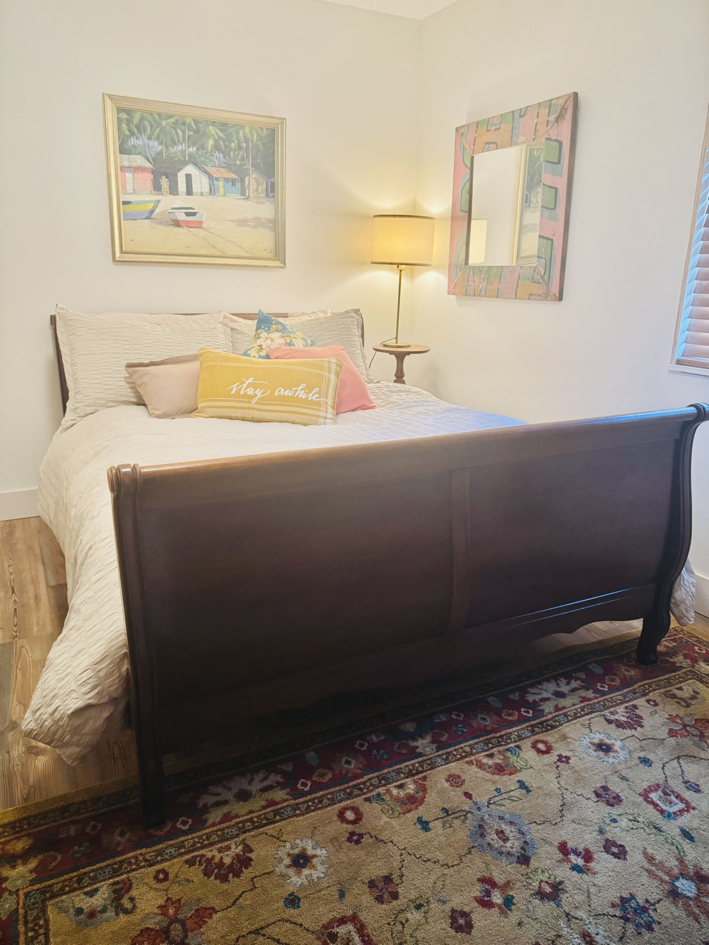 MUST GO - Cherry Sleigh bed frame & Mattress/Box Spring (Queen Size)