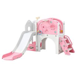 Open Box -8 in 1 Kids Slide Toddler Indoor Outdoor Playground Pink