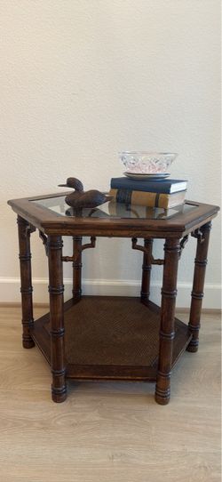 Vintage Faux Bamboo Hexagon Glass Top End Table