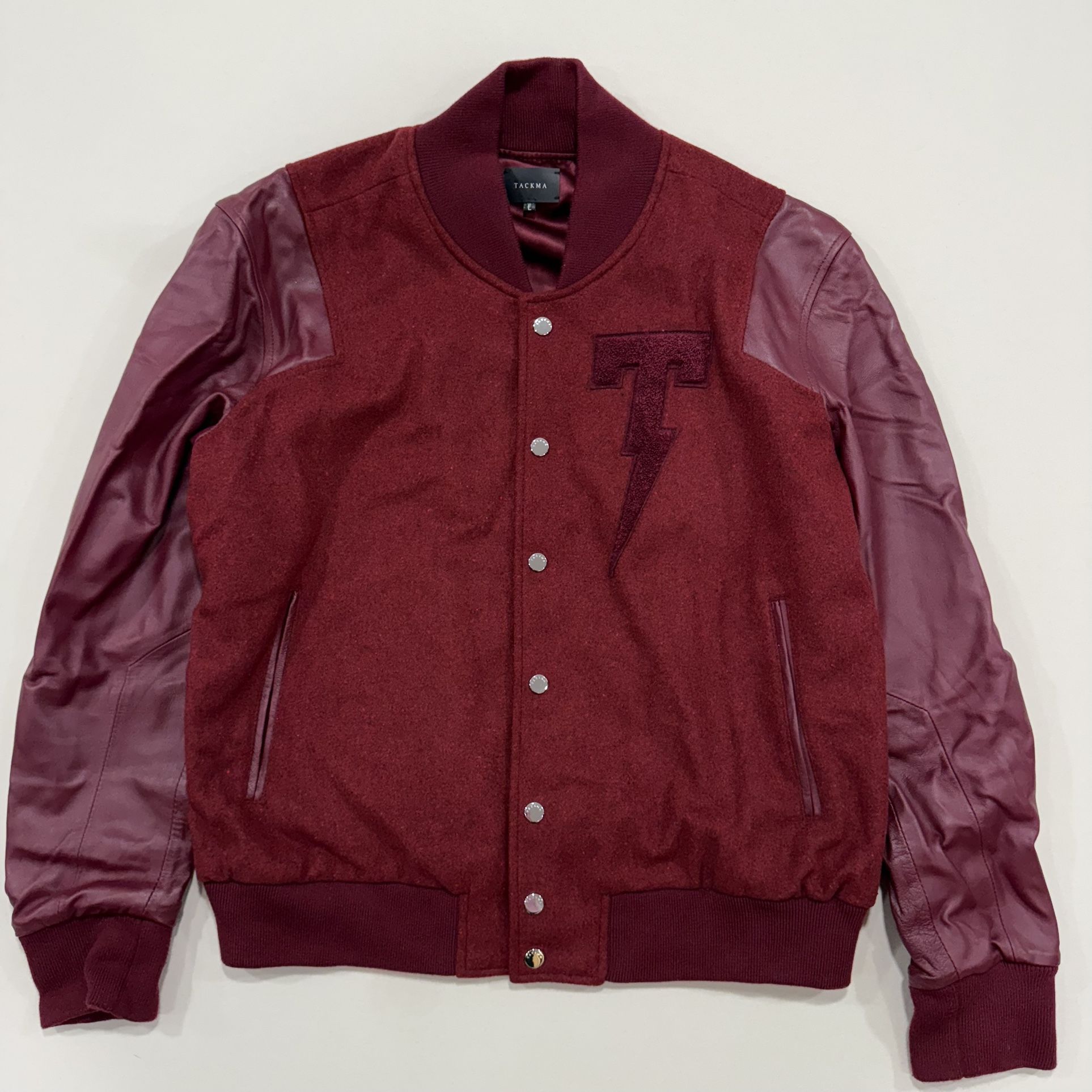 TACKMA Varsity Jacket Mens Size L Red/Bordeaux 100% LEATHER SLEEVES