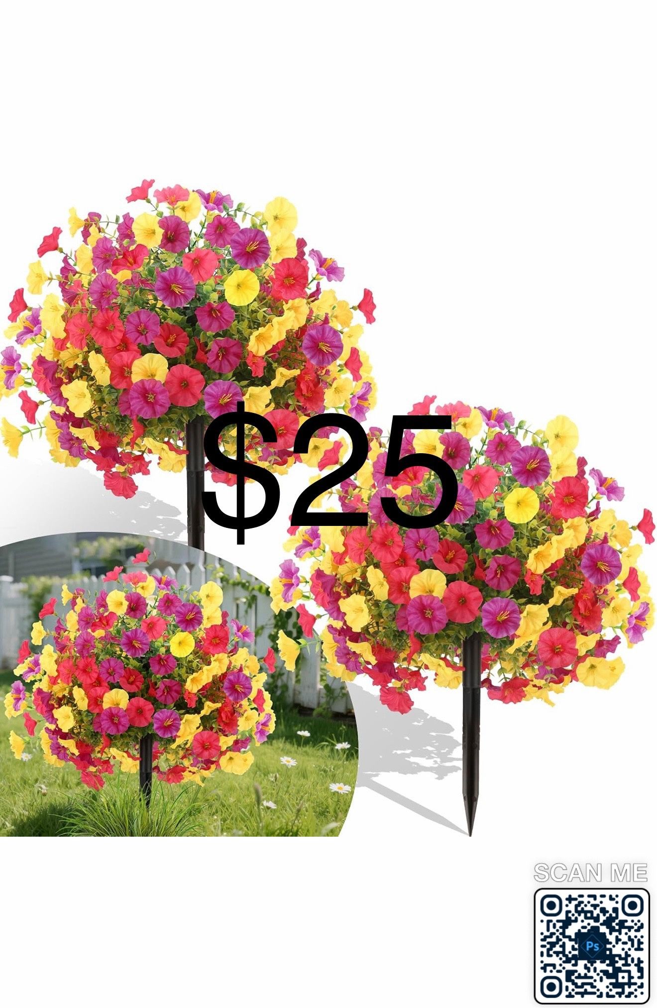 2 Bundles Artificial Flowers for Outdoors with Ground Spikes,21.65 Inch Morning Glory Eucalyptus Topiary Ball Trees, UV Resistant Faux Shrubs Fake Pla