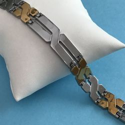 Men’s 8” Bracelet Two Tone X Design Gold On Stainless Steel *Pickup Boca Raton Or Ship Nationwide