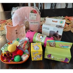 Cat Kitten (Brand New) Treat Dispenser Interactive Mount Groom Brush Plush Pillow Food Dish Assorted Toys Blanket Bundle Lot 