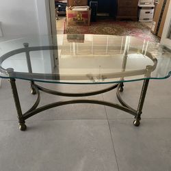 Glass Coffee And Side Table Set With Metal Brass Base 
