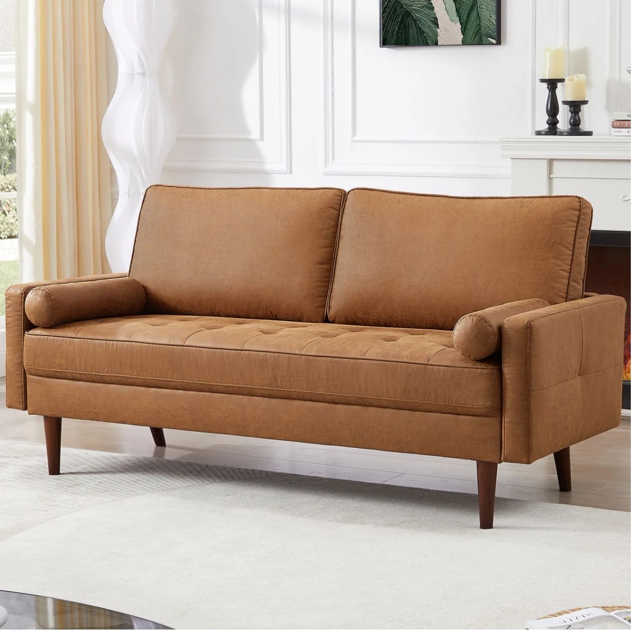 3 Seat Leather Sofa with 2 Pillow, Mid-Century Modern Tufted Couch for Small Spaces, Camel