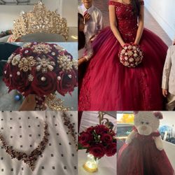 Quinceañera package [burgundy] (dress, jewelry , centerpieces, and more)