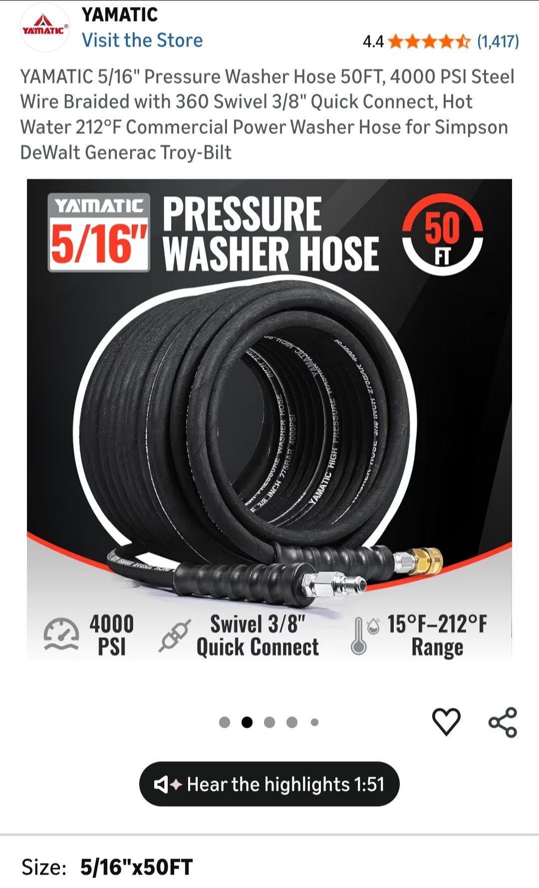 Hot & Cold 50 ft 4000 PSI Pressure washer hose