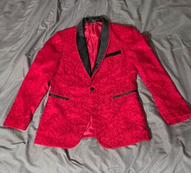 Red Floral Jacquard Tuxedo Blazer