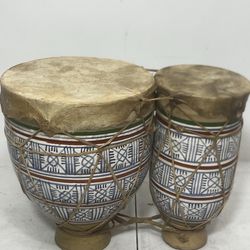 Vintage Ceramic Animal Hide Bongos Moroccan Drums Folk Art Instrument Handmade. Used in good condition with some cosmetic blemishes. These blemishes a