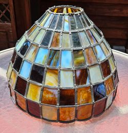 Vintage Stained Glass Lamp Shade Handcrafted Tiffany Style Beautiful Amber, Blue & White Glass PARTS OR PROJECT